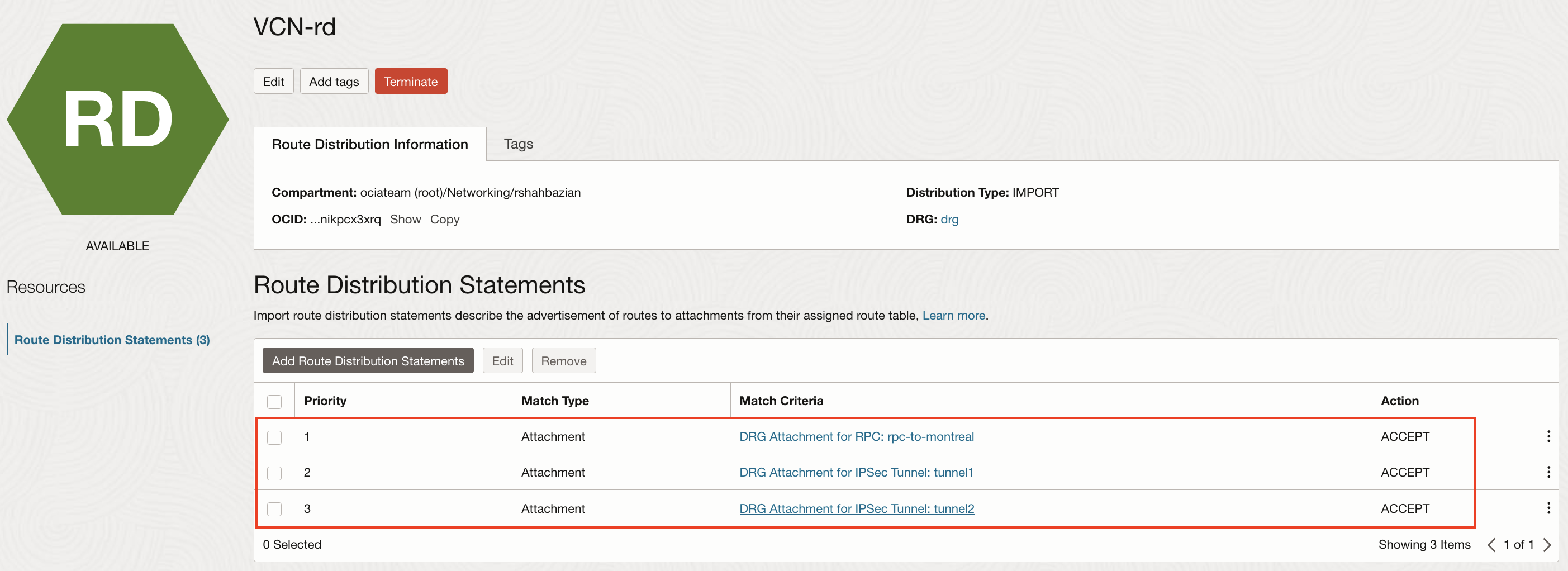 Import Route Distribution used by VCN attachments