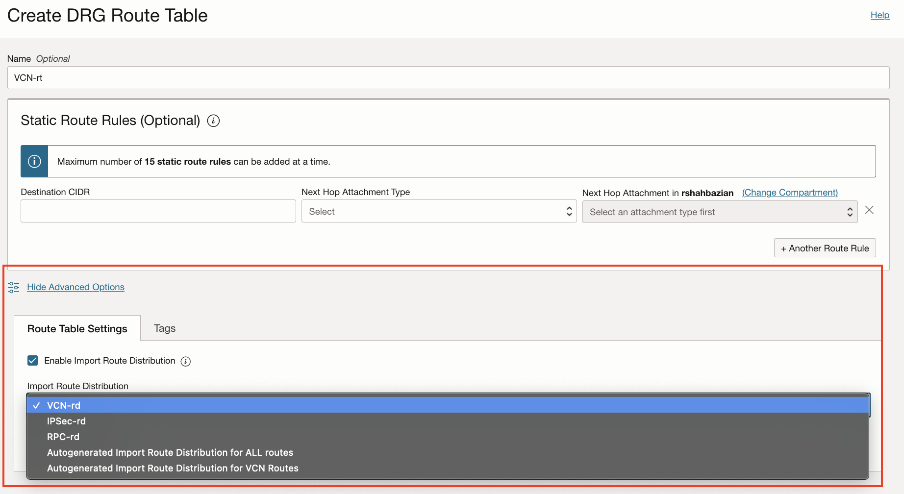Associating the DRG Route Table for VCNs with an Import Route Distribution