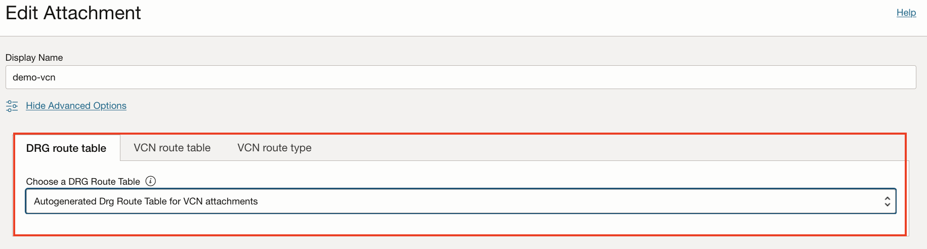 Selecting the DRG Route Table to associate the attachment