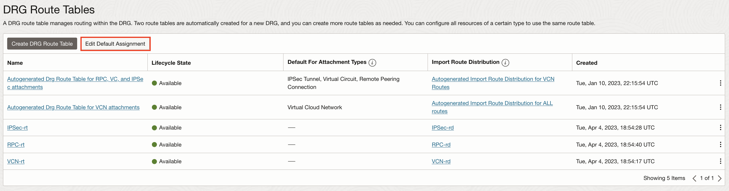 Edit the Default DRG Route Table assignment