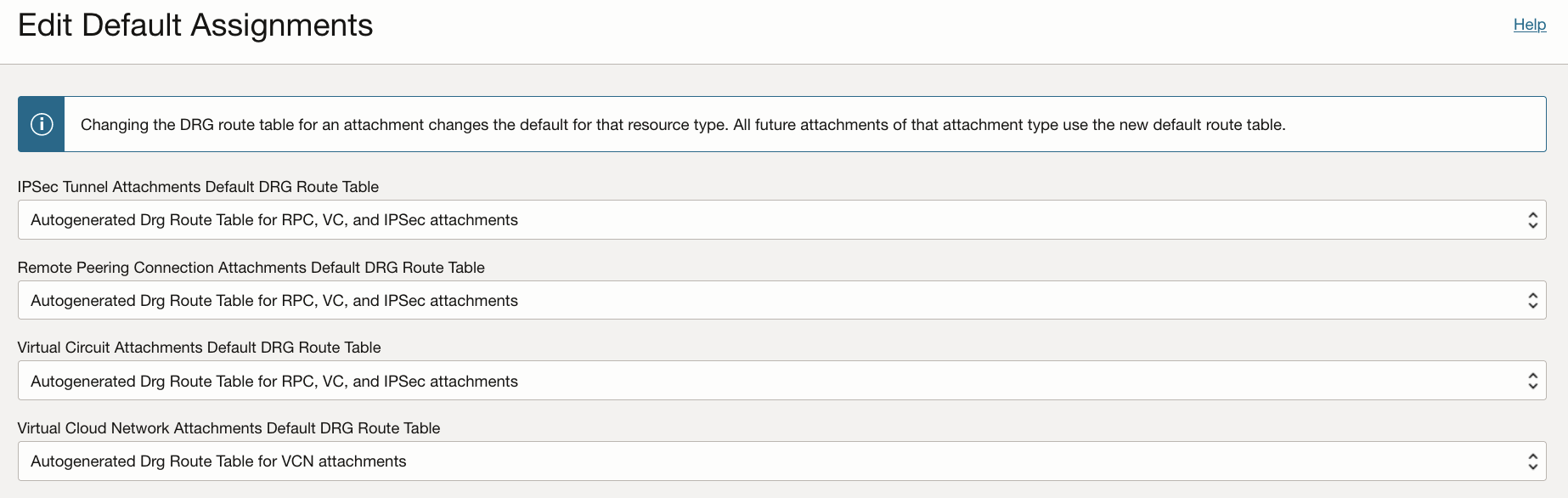 Edit the Default DRG Route Table assignment per DRG attachment