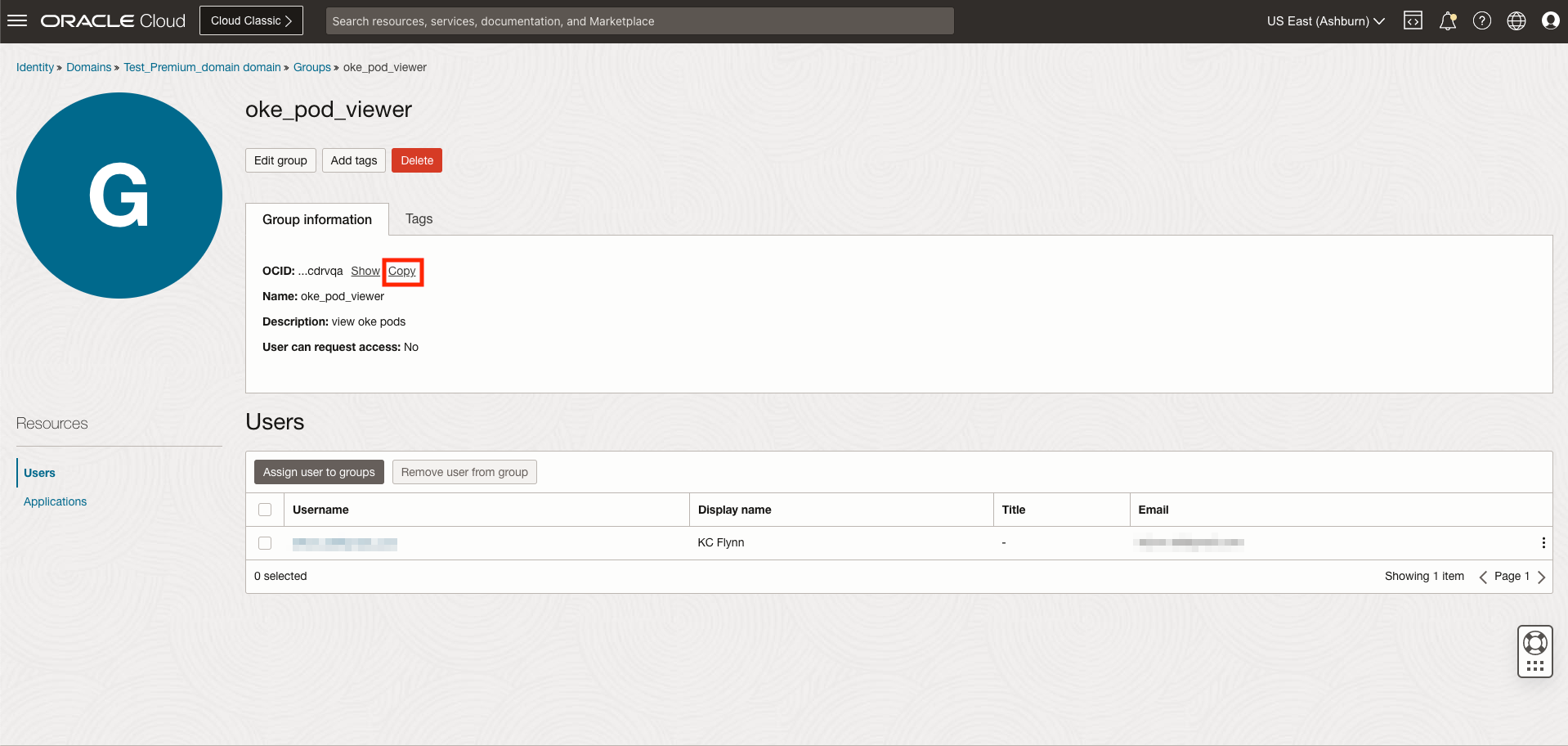 Group Details with OCID Highlighted