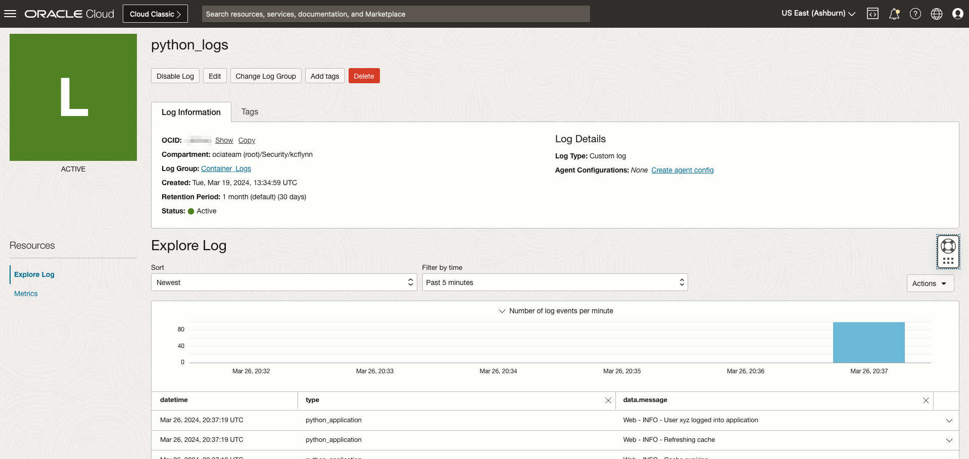 OCI log containing many entries