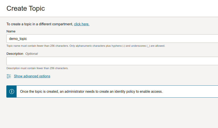 Creating a Topic in OCI
