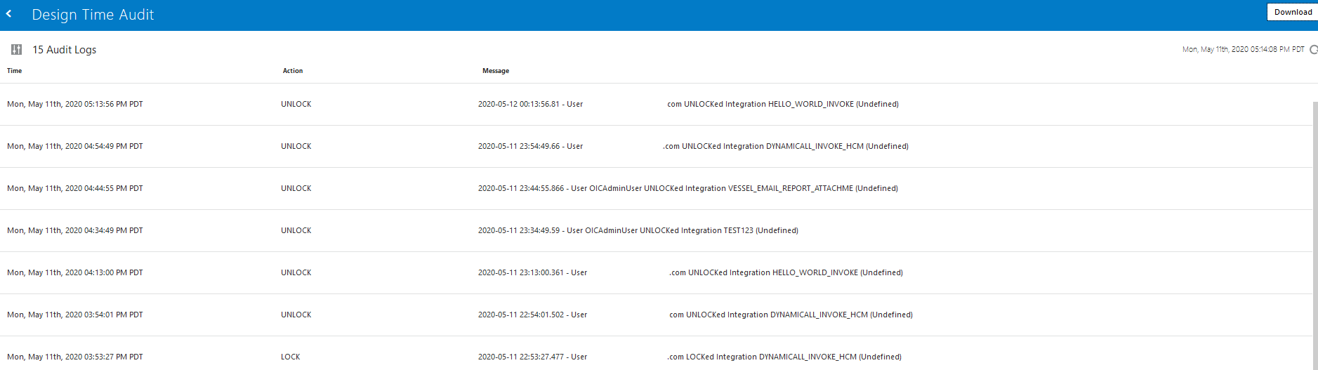Figure 5. Oracle Integration Cloud Design Time Audit Log Records