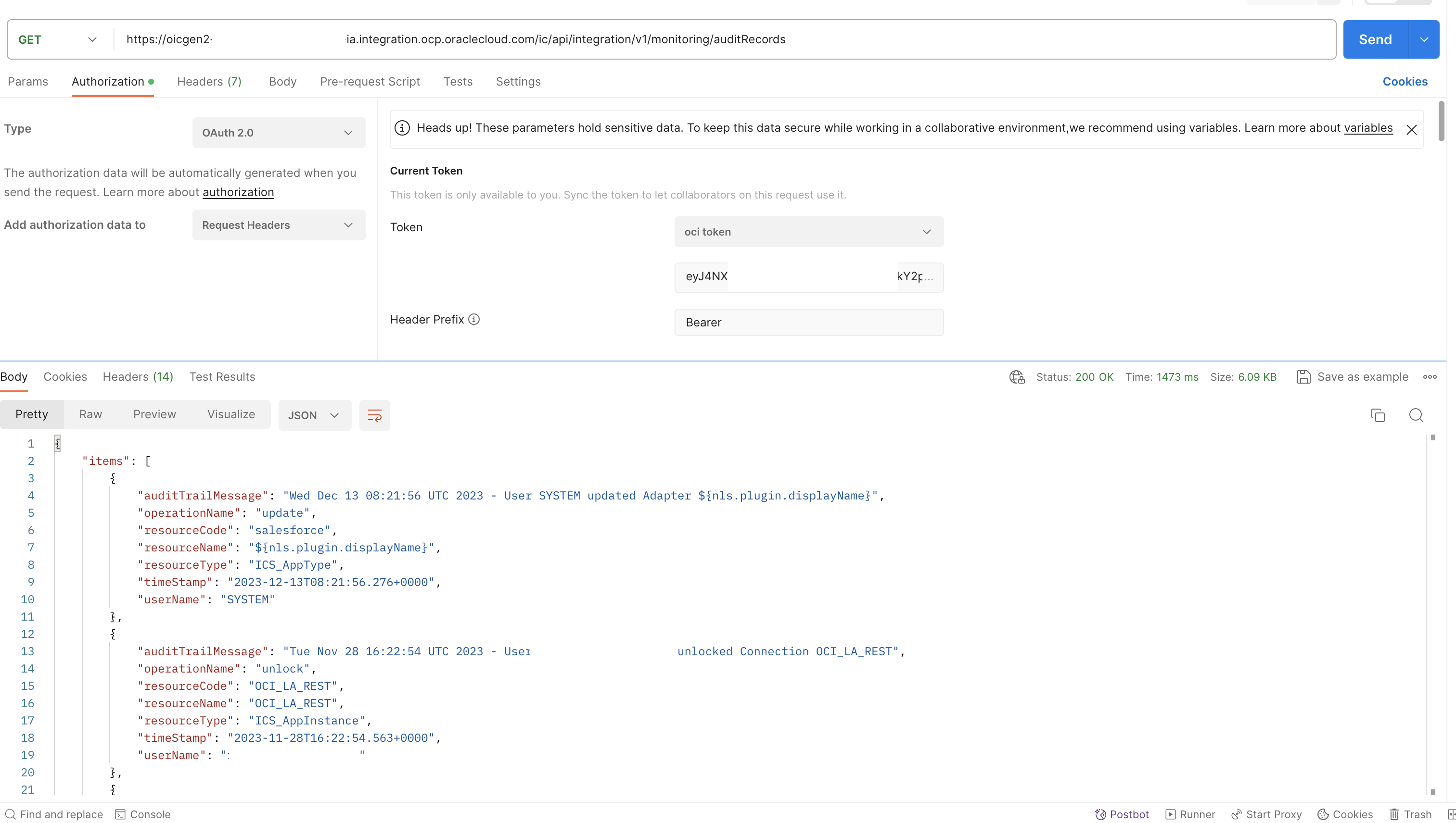 Figure 6. Postman OIC AuditRecords API test result 
