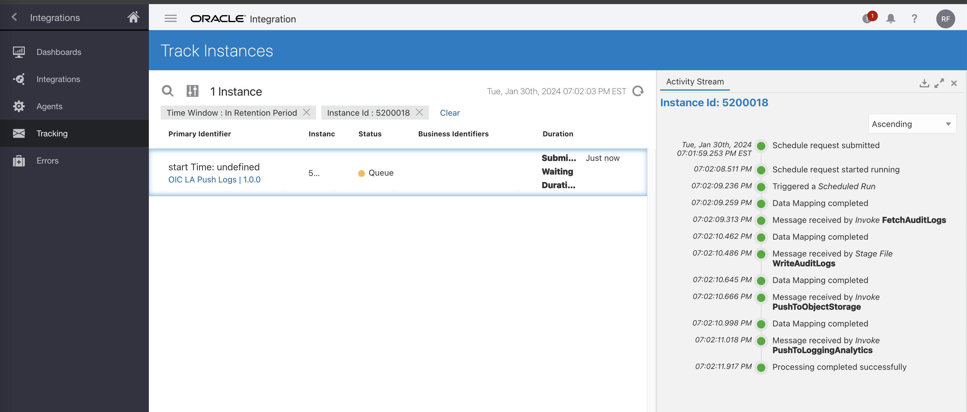 Figure 19. Kick off the OIC Custom Integration to Push Audit Log to Logging Analytics