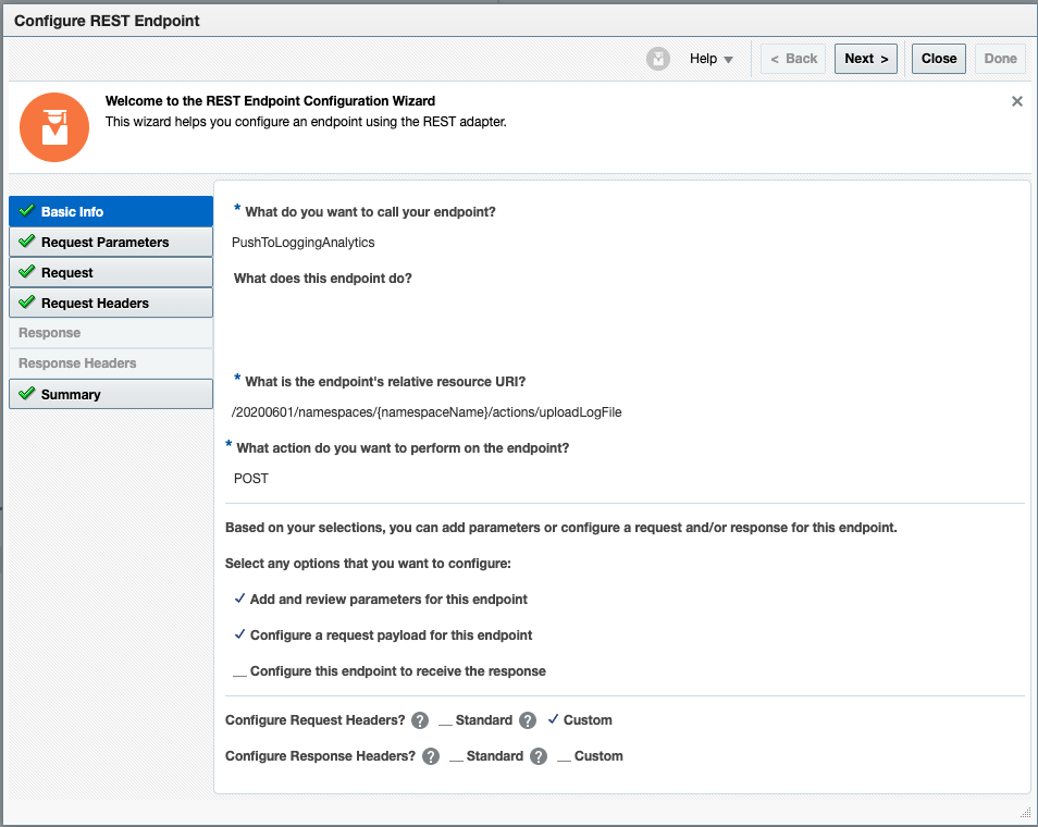 Figure 17. Logging Analytics UploadLogFile REST API Endpoint Configuration