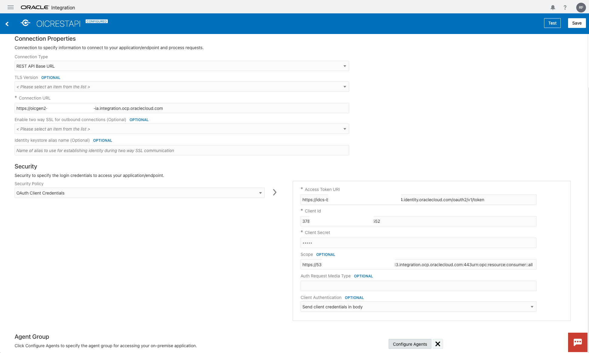 Figure 7. OIC OAuth Client Credentials Connection Configuration