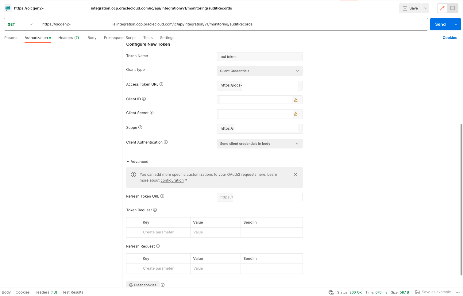 Figure 5. OIC AuditRecords REST API testing using Postman