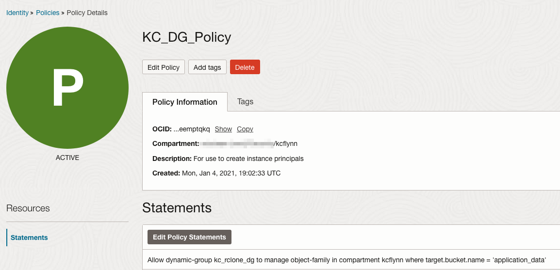 Policy giving instance principal access to object storage bucket
