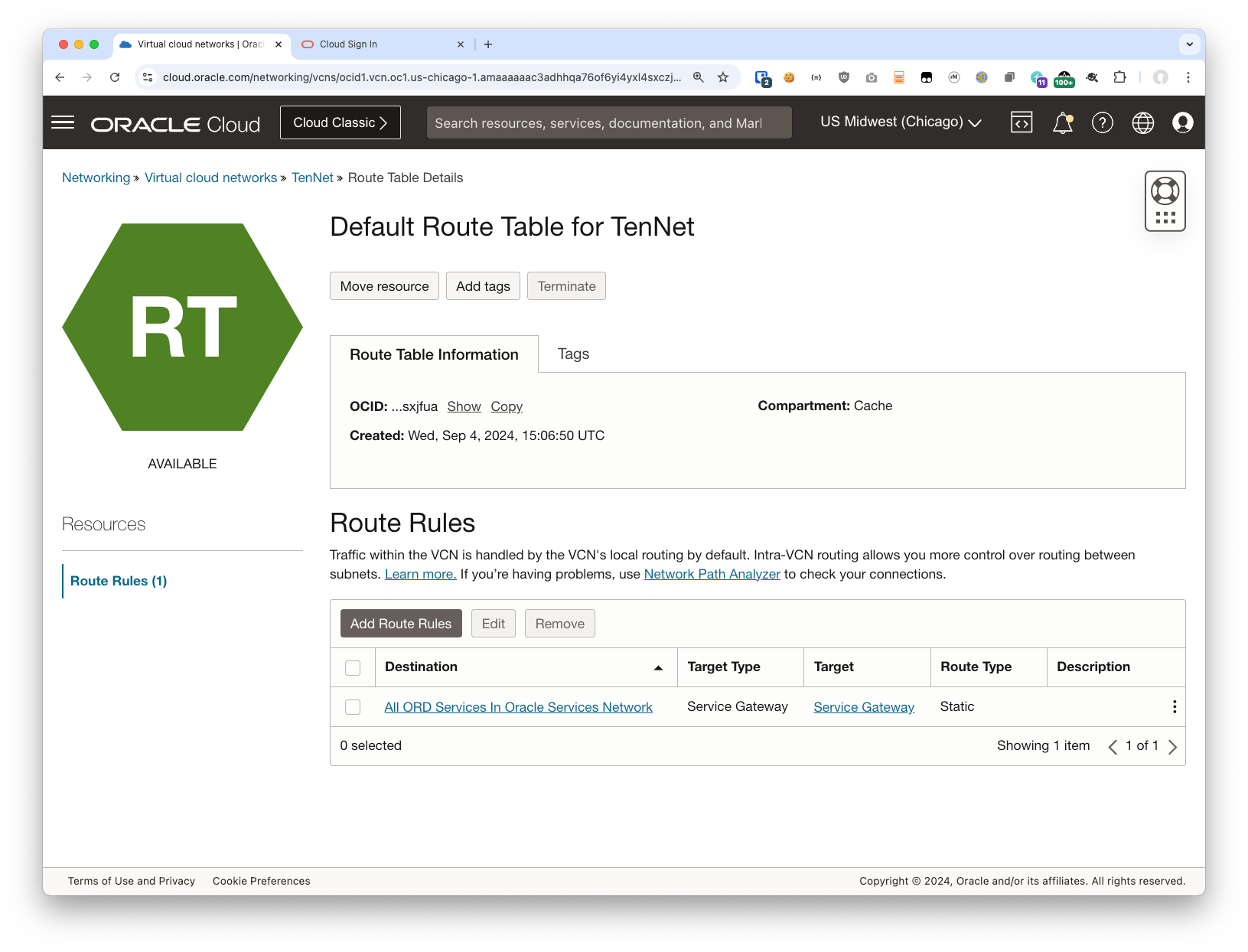 Route table showing Service Gateway