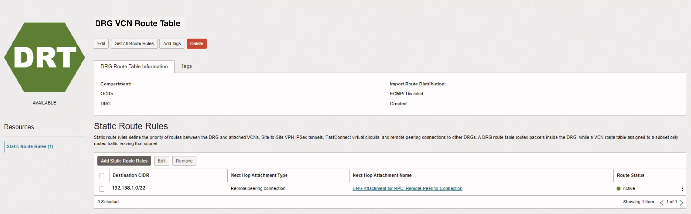 OCI Inter-Region - Dynamic Routing Gateway Route Table Static Route