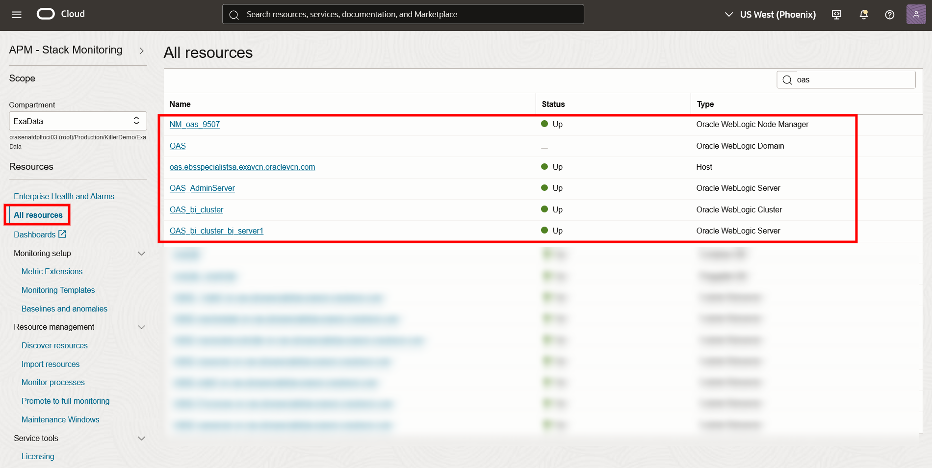Stack Monitoring - All Resources - Show Weblogic Resources