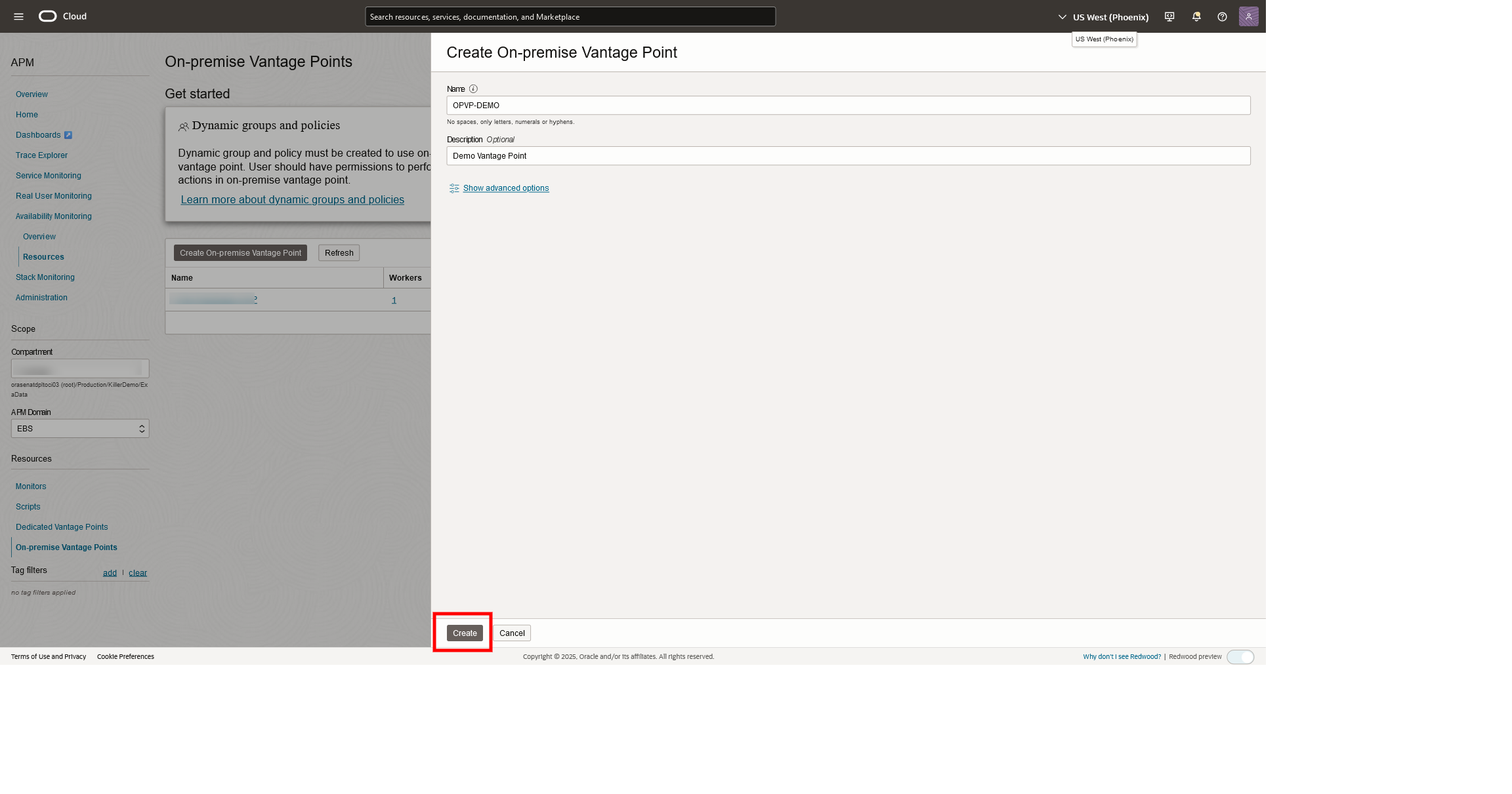 Create On Premise Vantage Point