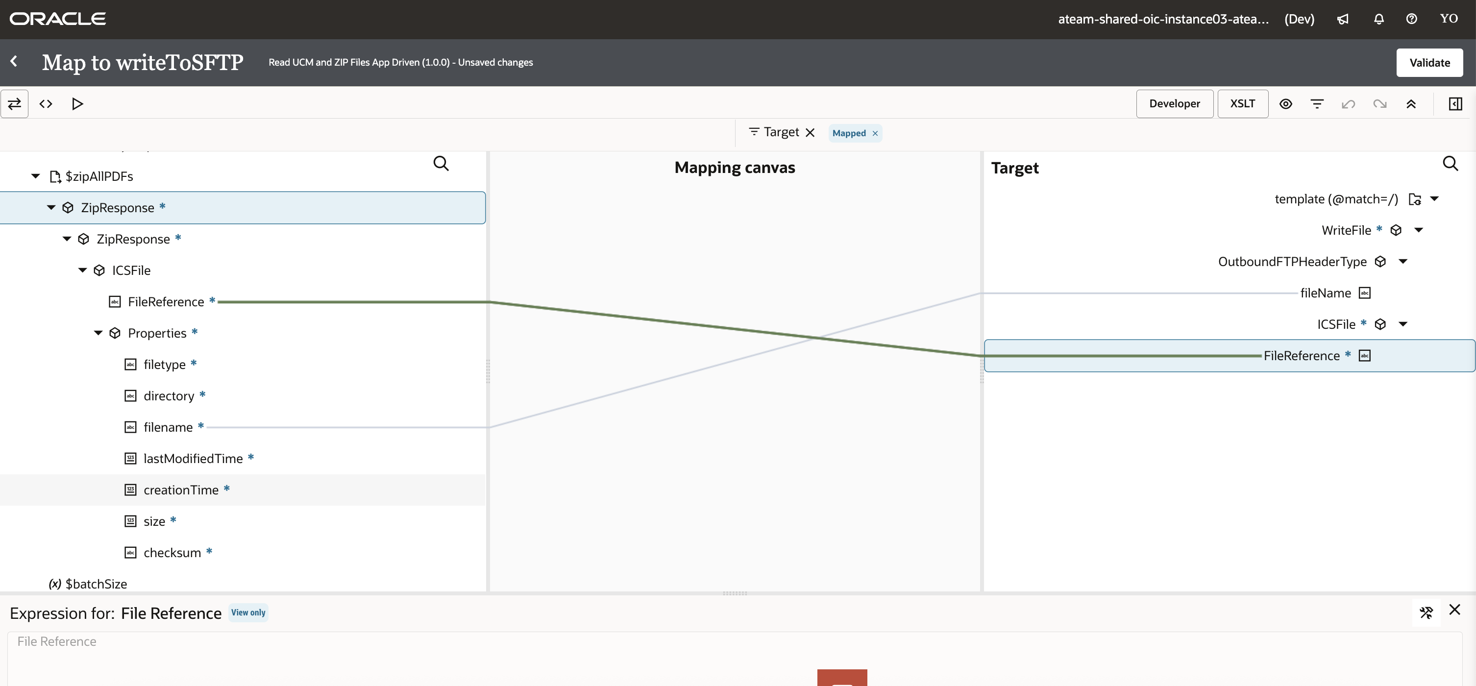 Mapping to write the file reference into the SFTP server