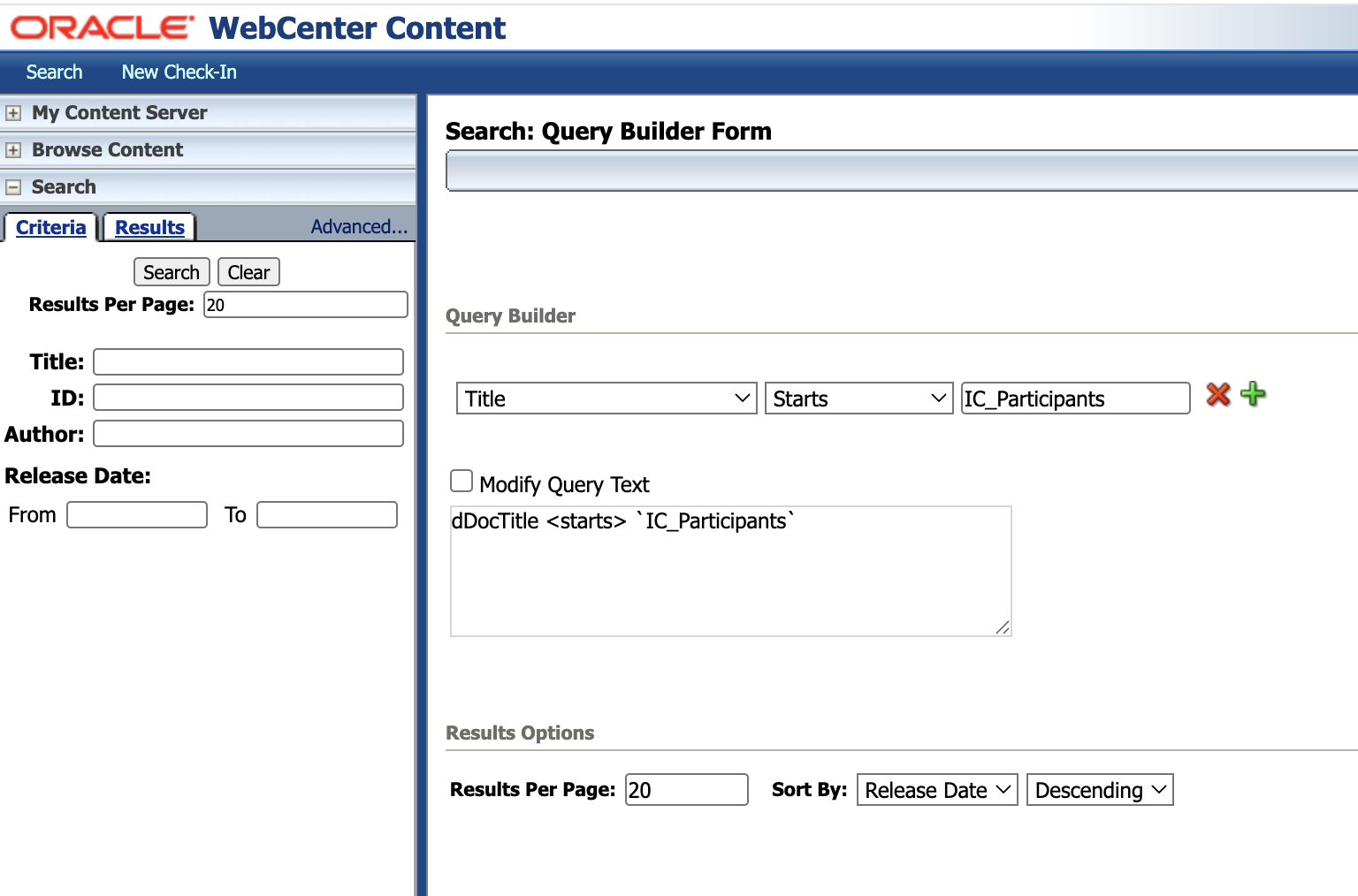 UCM Query Builder Form