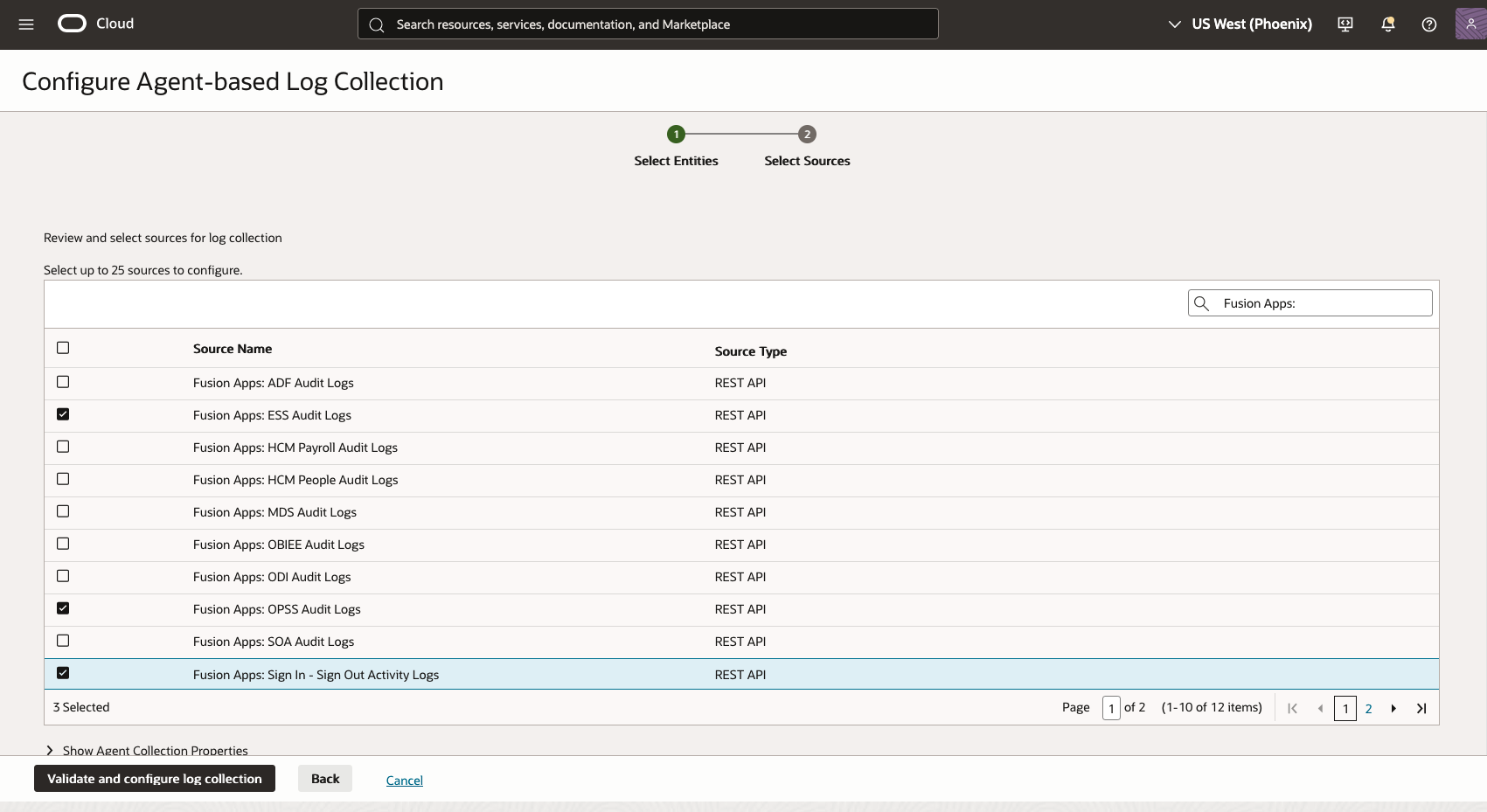 Figure 4: Log Analytics Fusion Apps Audit Select Log Sources