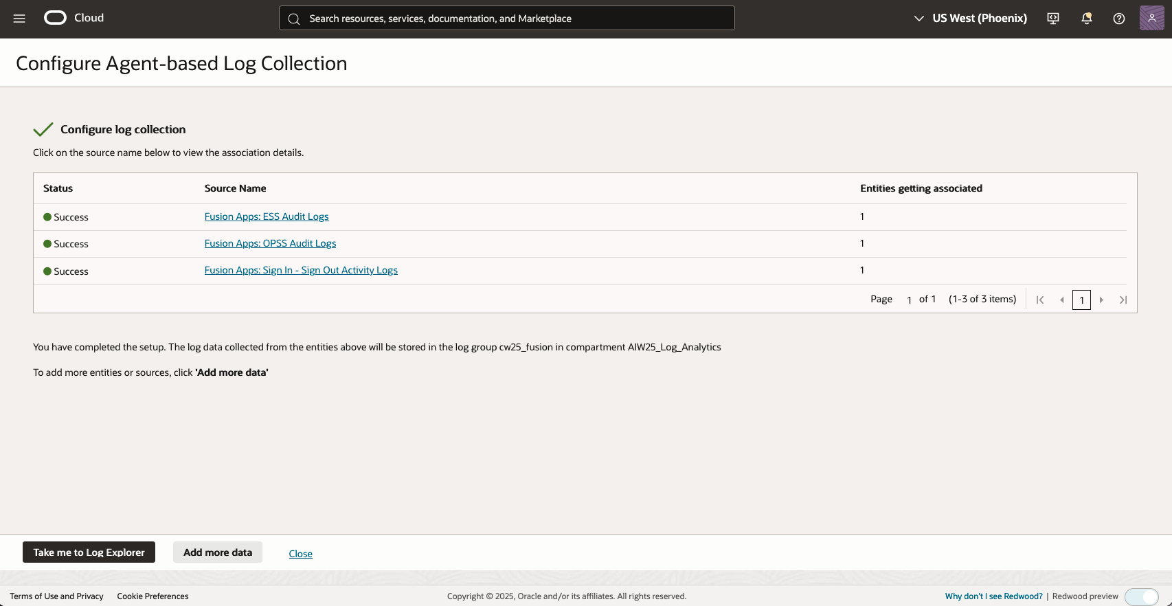 Figure 5: Log Analytics Fusion Apps Audit Validate and Configure Log Collection