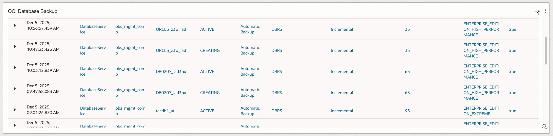 Figure 11: OCI Database Backup Report
