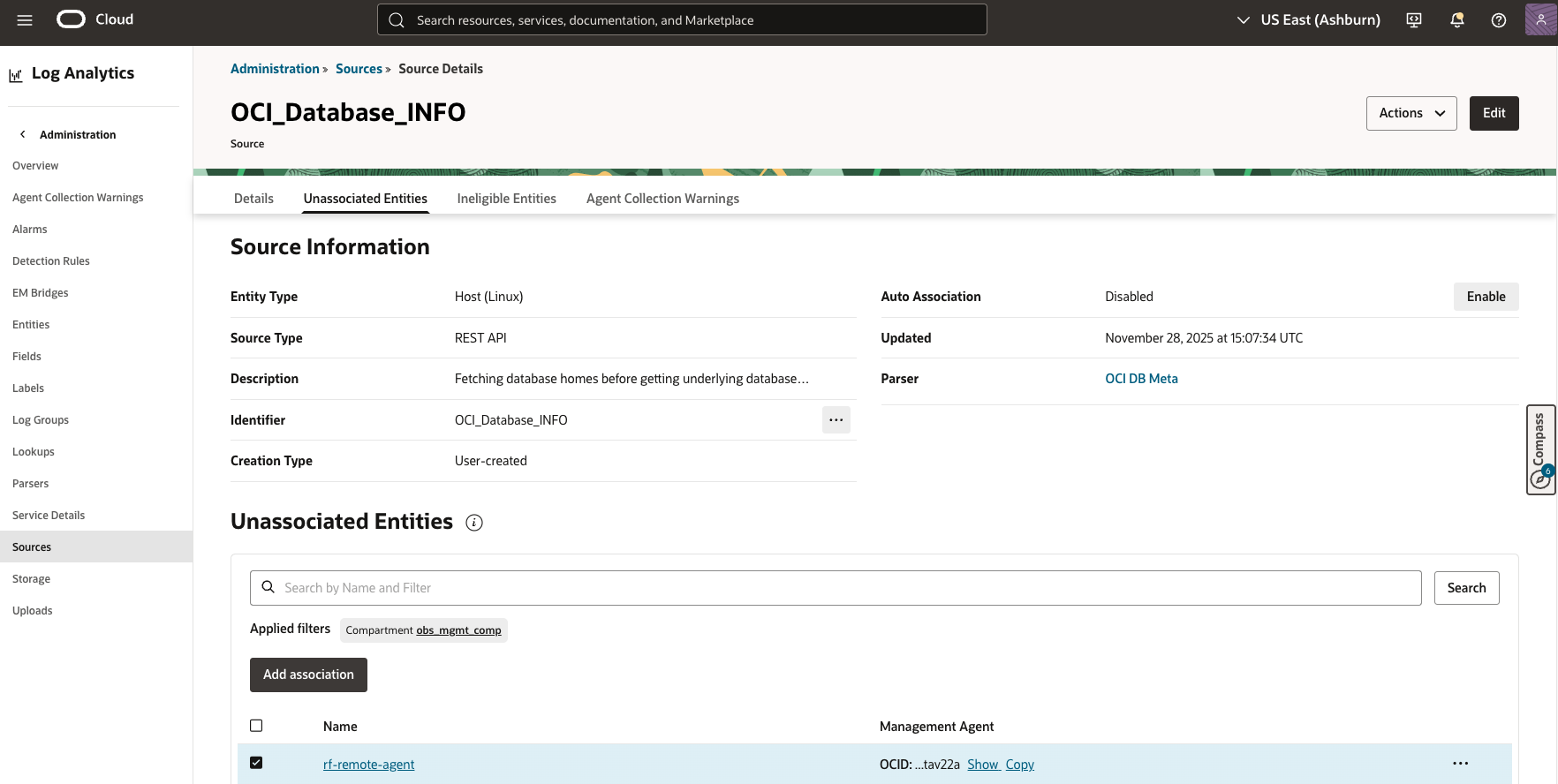 Figure 5: OCI Database INFO Log Source Entity Association