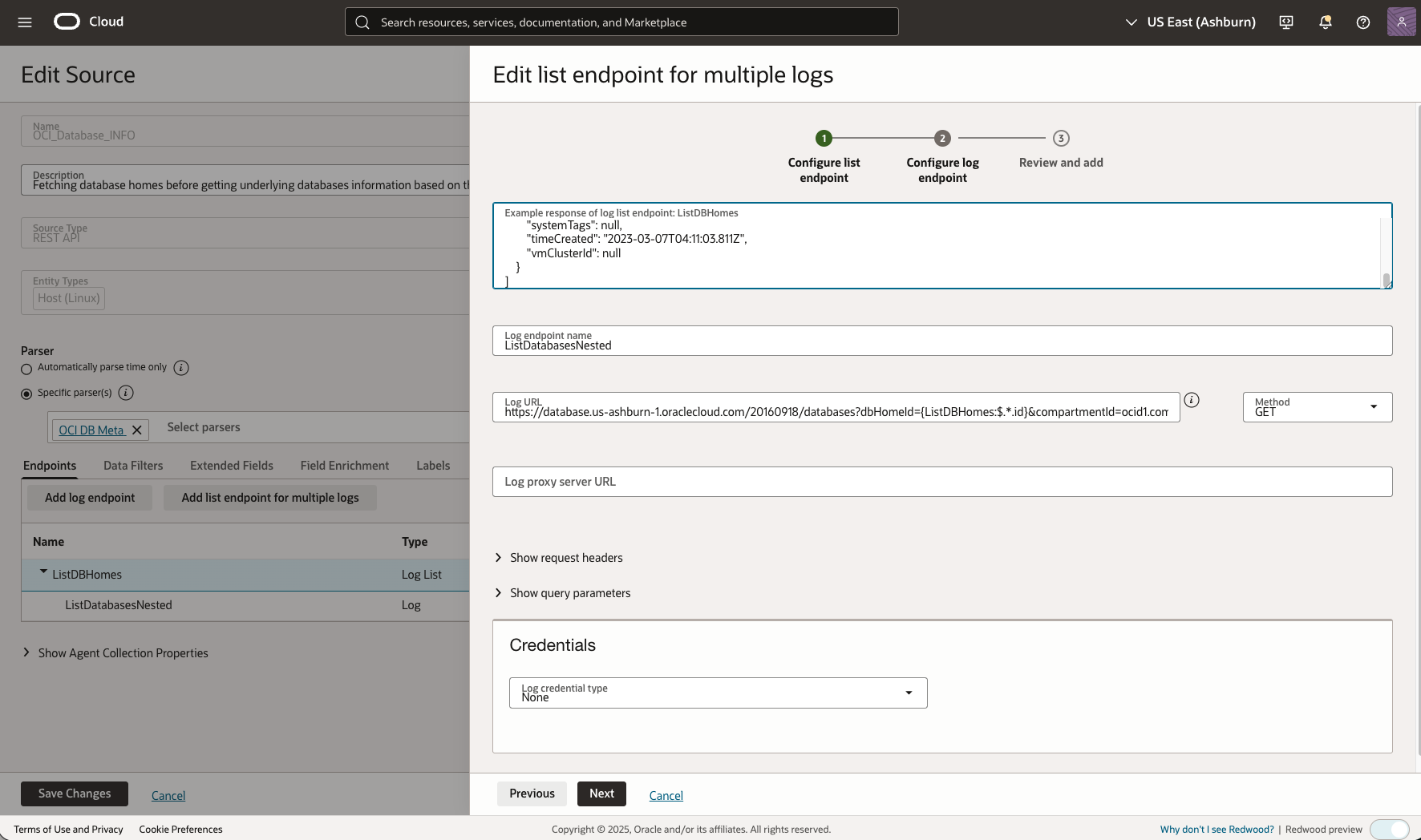 Figure 3: OCI Database INFO Log Source listdatabases Edit Multiple Logs
