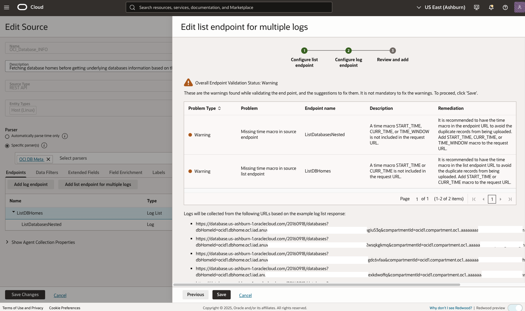 Figure 4: OCI Database INFO listdatabase list endpoint for multiple logs review and add