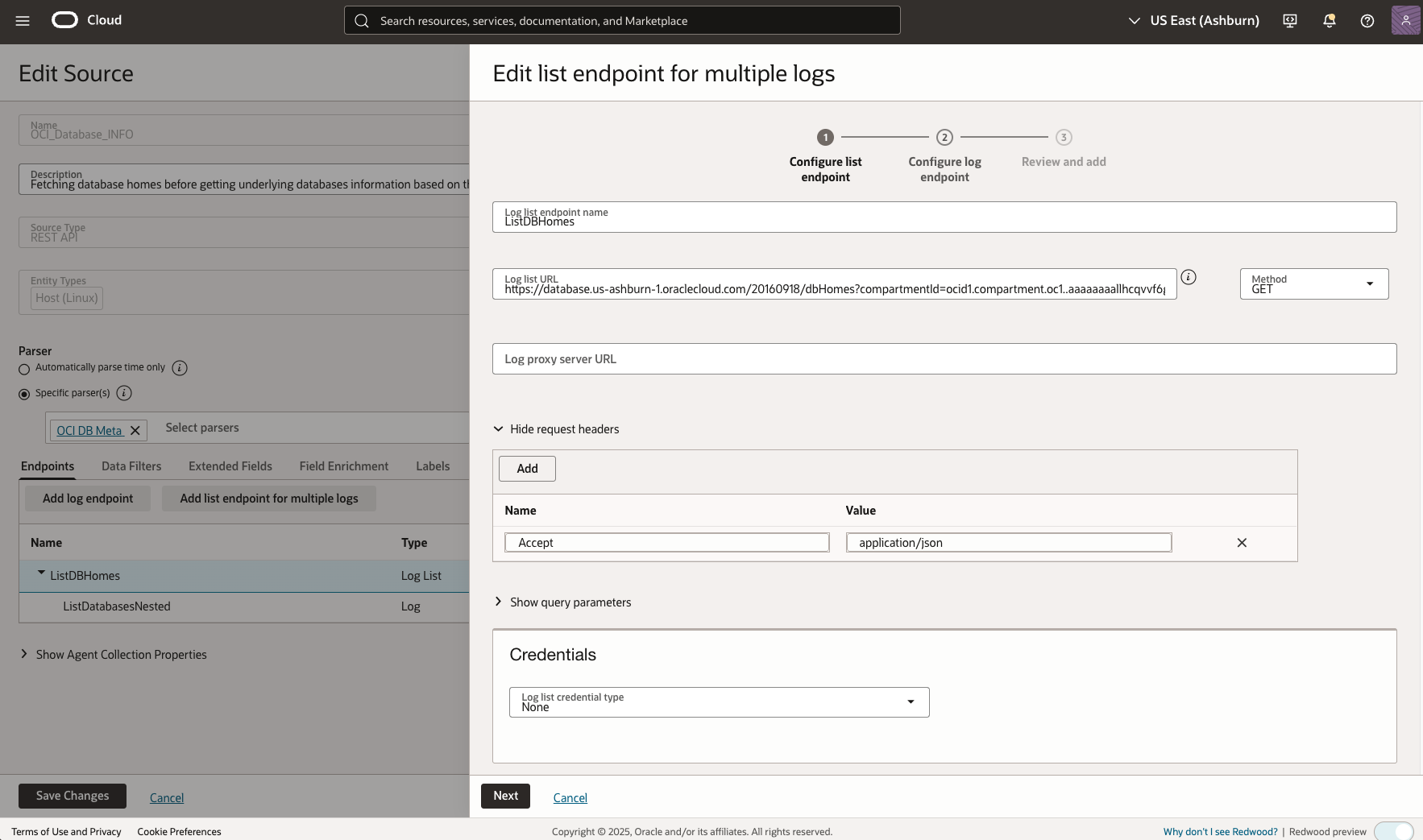 Figure 2: OCI Database INFO Log Source Edit List Endpoint for Multiple Logs