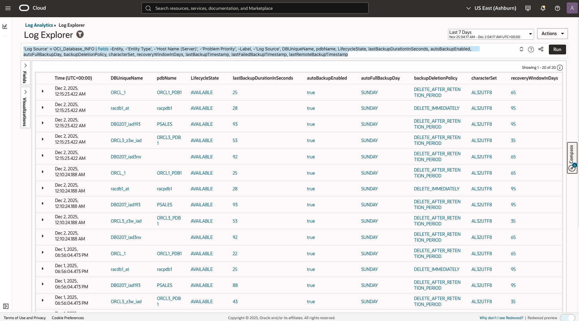 Figure 7: OCI Database Backup Query Report