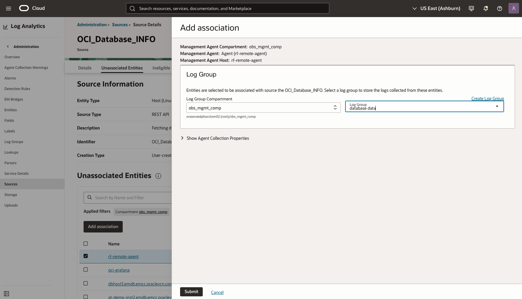 Figure 6: OCI Database INFO Log source Log Group Association