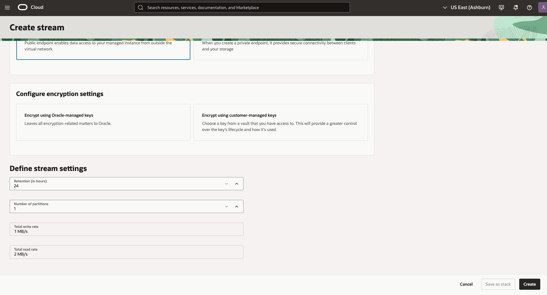 Figure 3: OCI Streaming Stream Creation