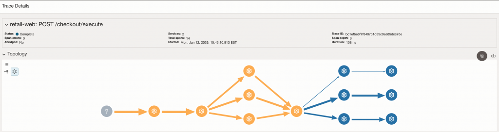Trace topology view: End-to-end checkout request spanning frontend and backend services