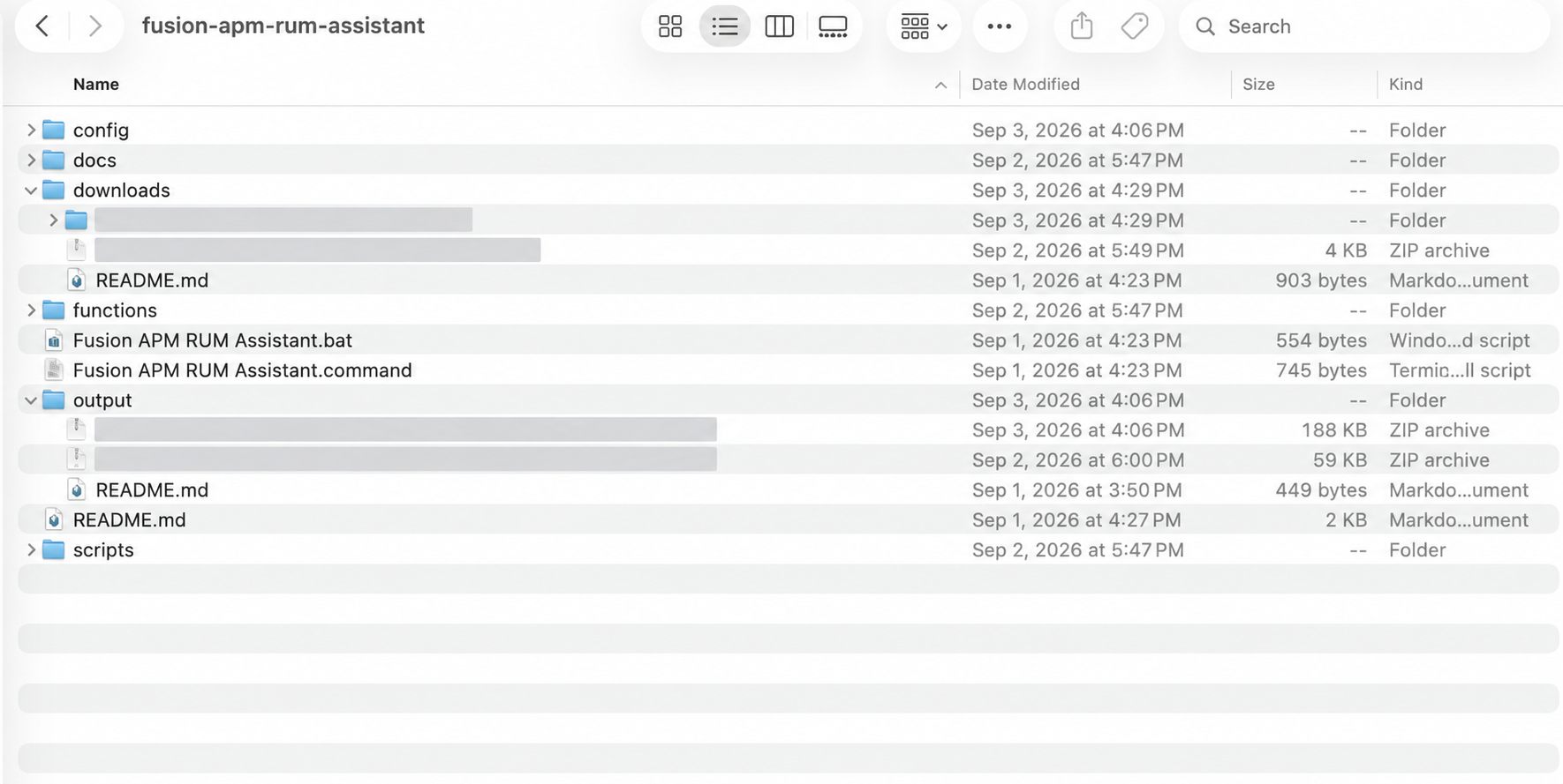 Figure 15: Fusion APM RUM Assistant working folder on macOS; environment-specific archive names are redacted