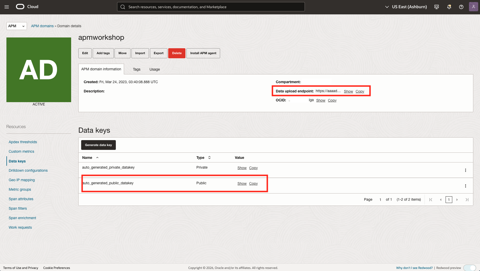 Figure 2: OCI APM Data Key and Data Upload Endpoint