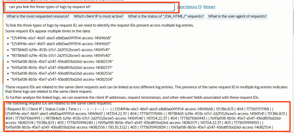 Log Analytics showing Gen AI Analysis for Question1