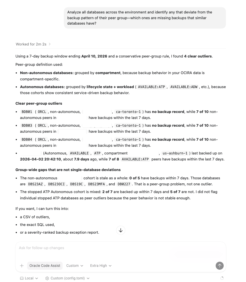 Figure 11: Codex SQLcl MCP Server answer - Analyze database backup pattern recognition