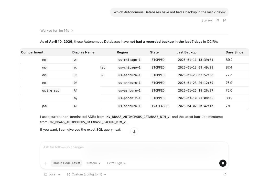 Figure 10: Codex SQLcl MCP Server answer - natural language queries on database backups