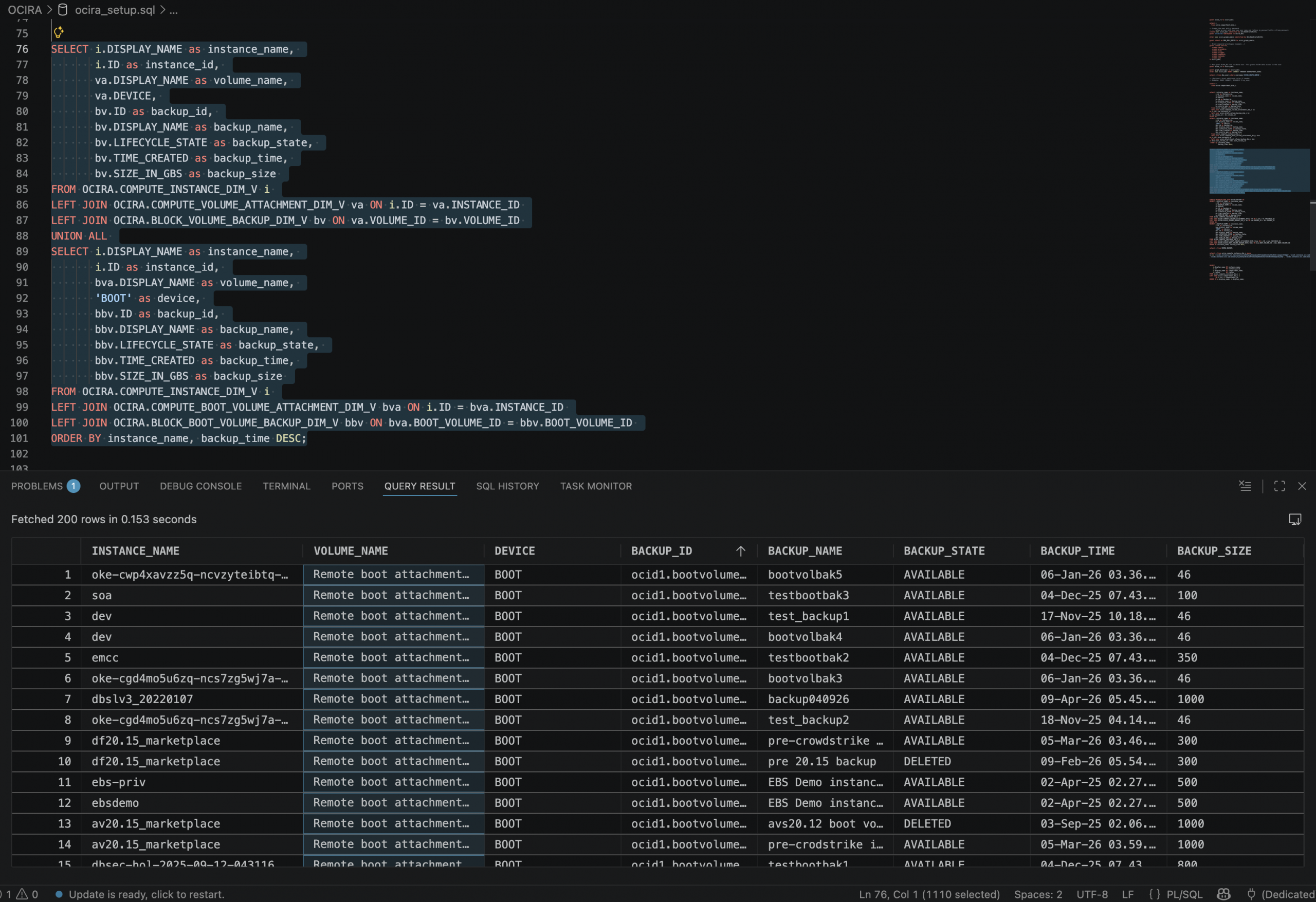 Figure 9: OCI Resource Analytics Instance Block Volume Backup SQL Query