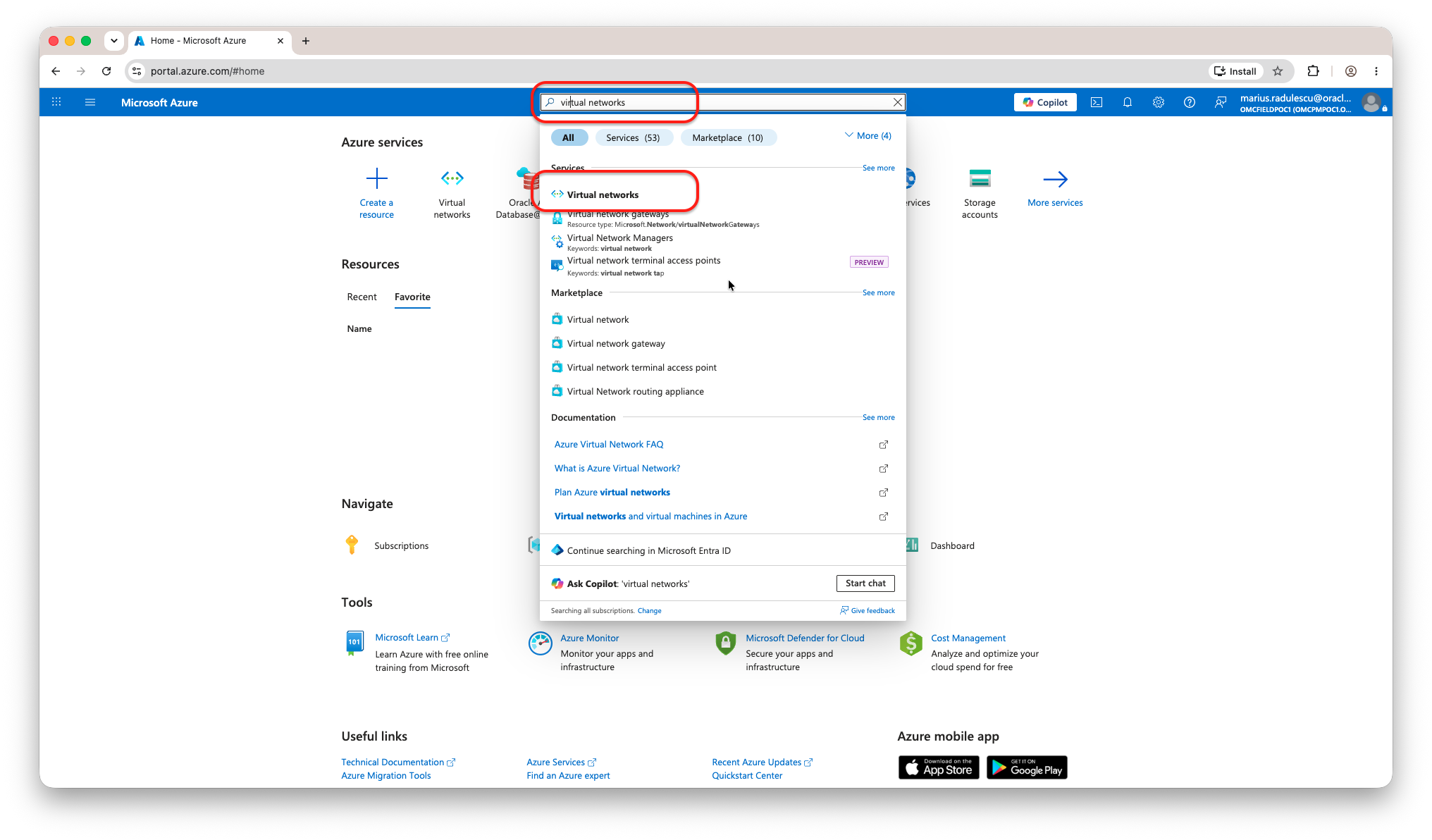 Figure 1. Search for Virtual networks in Azure Portal.