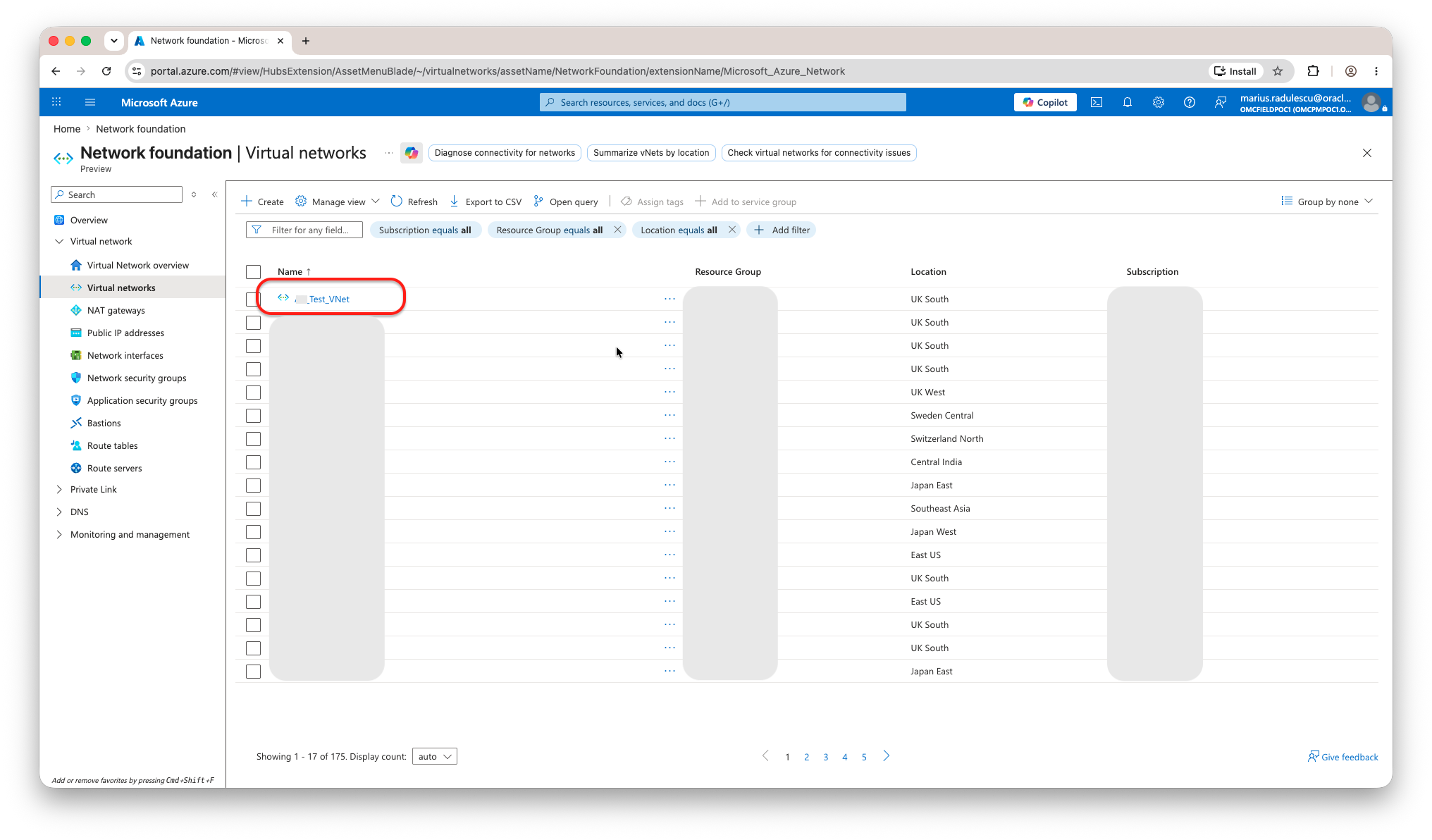Figure 2. Select the target VNet. VNet names, resource groups, and subscription names are redacted.