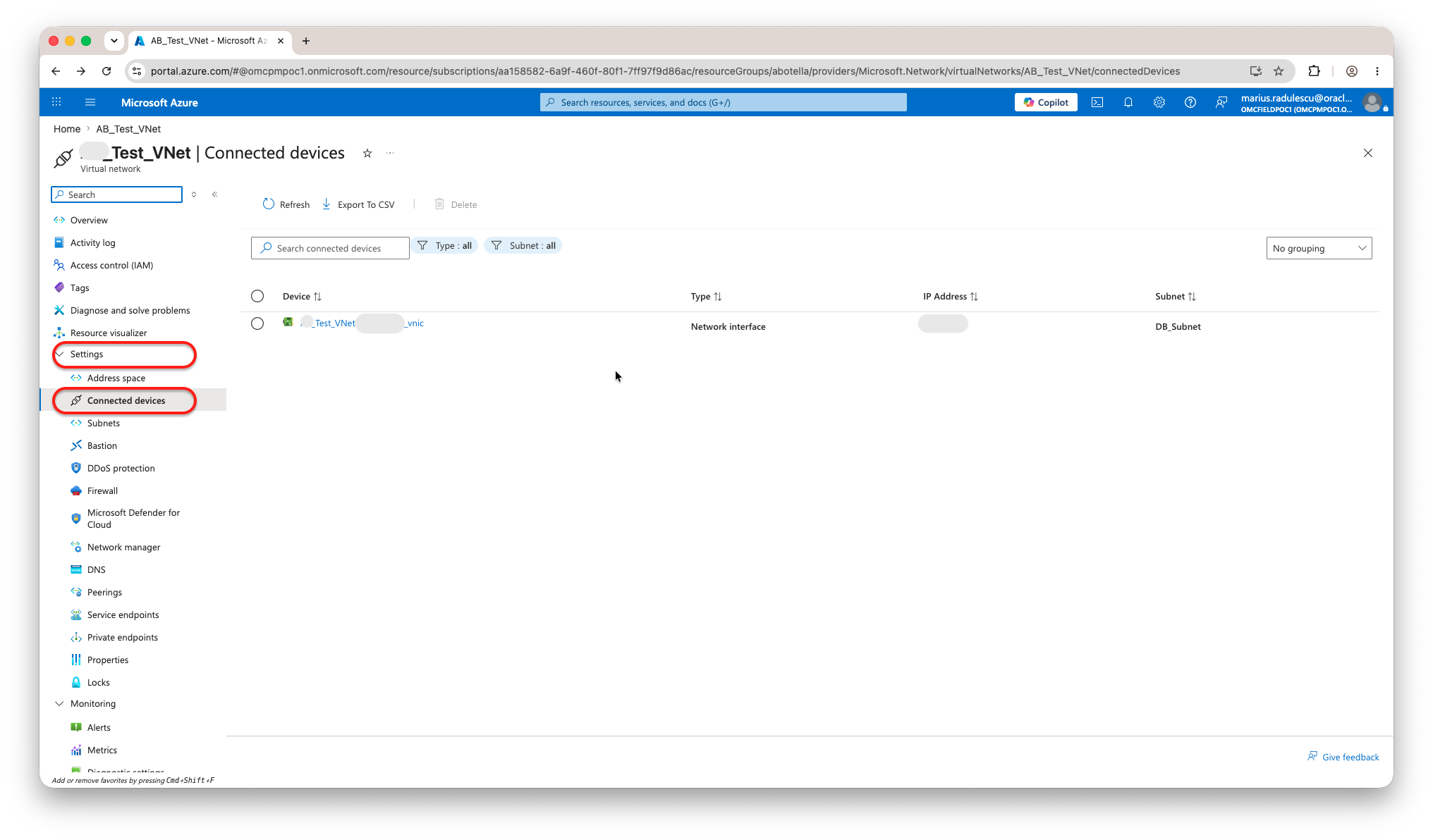 Figure 3a. Open the VNet Connected devices area. Environment-specific VNet and names and IPs are redacted