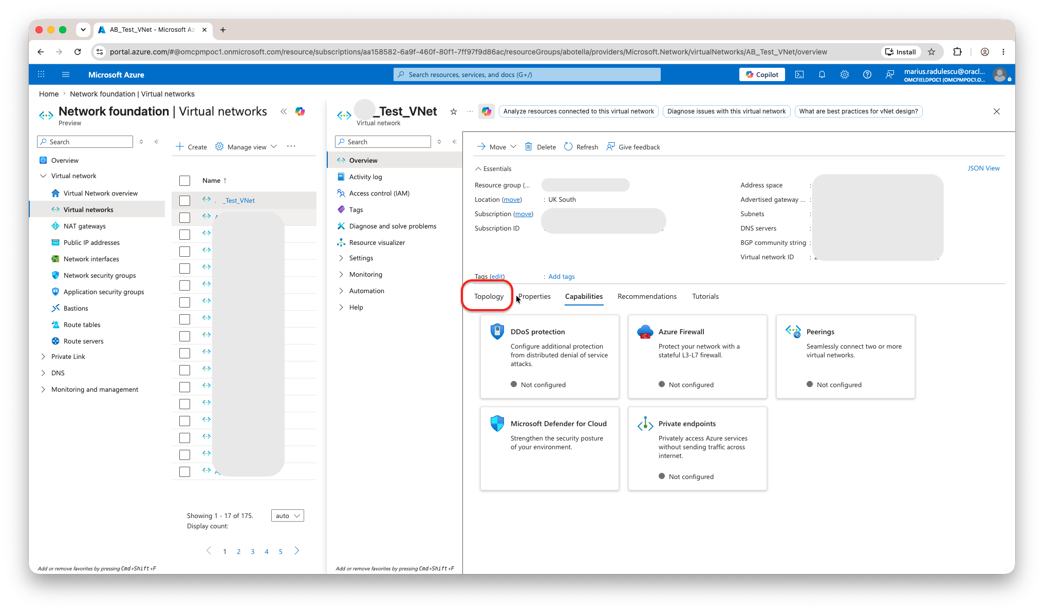 Figure 3b. Open the VNet Topology area. Environment-specific VNet and subscription values are redacted.