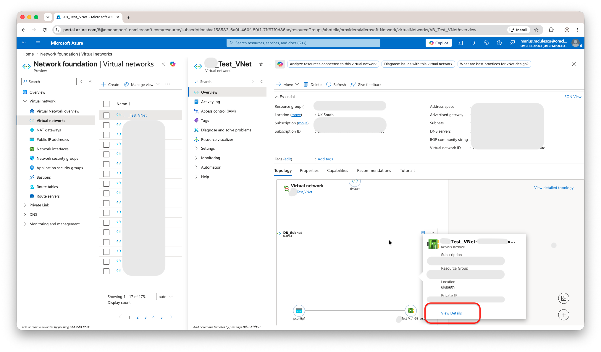 Figure 4. Select the database vNIC and click View Details. vNIC, subnet, resource group, subscription, location, and private IP values are redacted.
