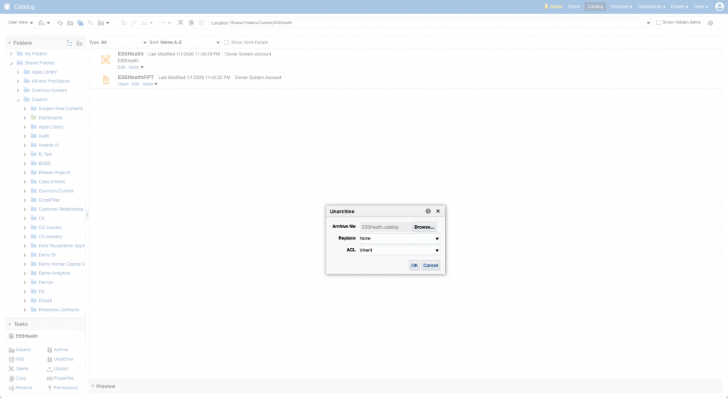 Figure 3: Select ESSHealth.catalog in the BI Publisher Unarchive dialog