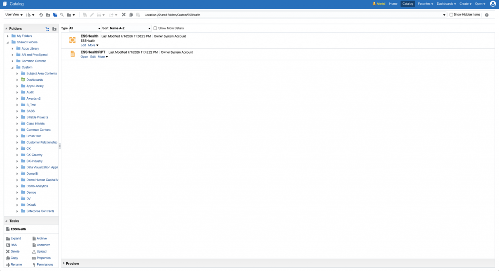 Figure 4: Verify the ESSHealth data model and ESSHealthRPT report under the imported catalog folder