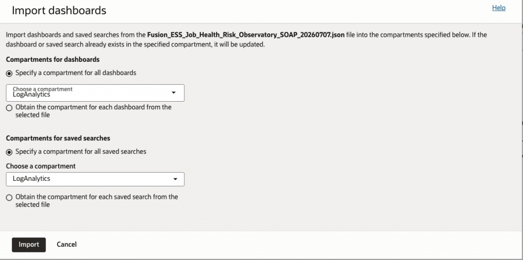 Figure 9: Select the dashboard and saved-search compartments before importing the ESS Job Health and Risk Observatory