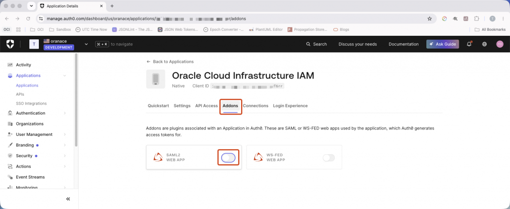 Enable the SAML2 Web App add-on for the Auth0 application. Auth0 application Addons tab with the SAML2 Web App toggle highlighted.