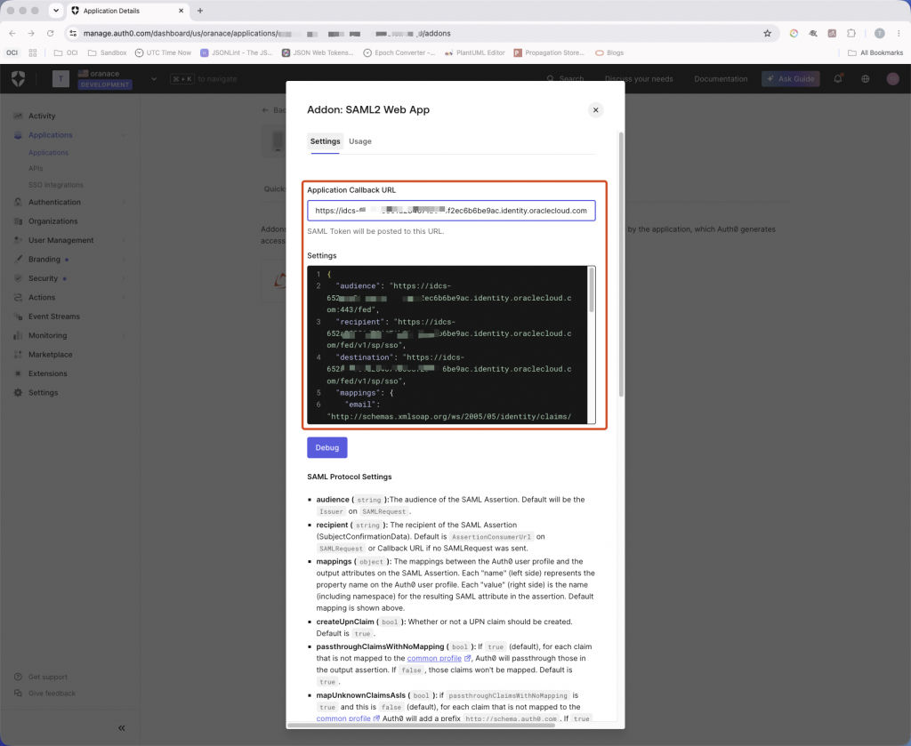 Enter the OCI IAM callback URL and SAML settings in the Auth0 SAML2 Web App add-on. Auth0 SAML2 Web App settings dialog showing the Application Callback URL and SAML configuration fields.