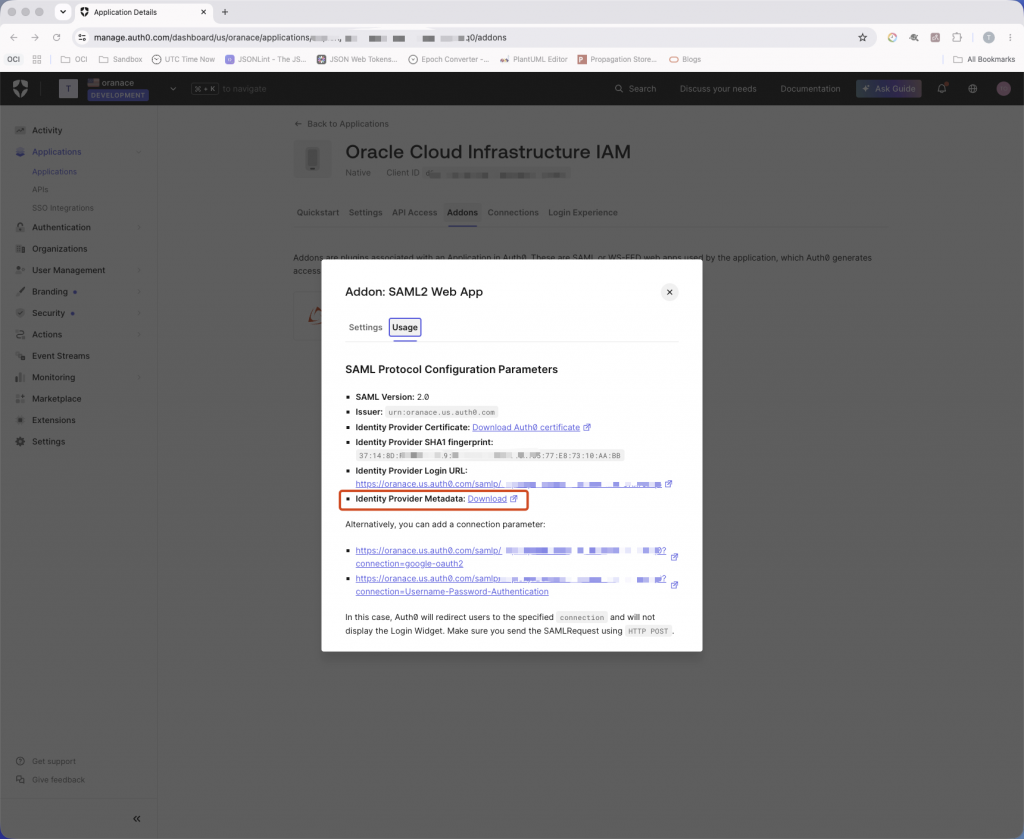 Download the Auth0 identity provider metadata XML file for import into OCI IAM. Auth0 SAML2 Web App Usage tab with the Identity Provider Metadata download link highlighted.