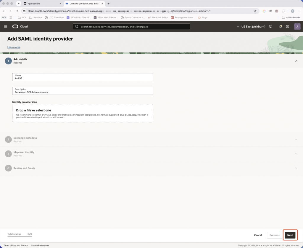 Enter a name for the new SAML identity provider, such as Auth0. OCI IAM Add SAML identity provider page with Auth0 entered in the Name field.